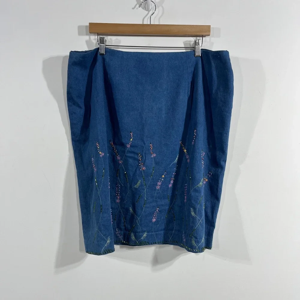 Jane Seymour VTG 90s Cottagecore Denim Embroidered Beaded Skirt Plus 20 Artsy